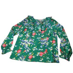 Loft Floral Green Long Sleeve Blouse With Ruffle Neck & Bow Tie Accent Size S